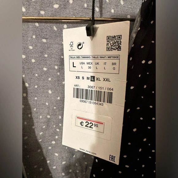 NWT ZARA Black Blouse White Mini Polka Dots Long Sash Wrap Top Collar LARGE - Picture 5 of 12